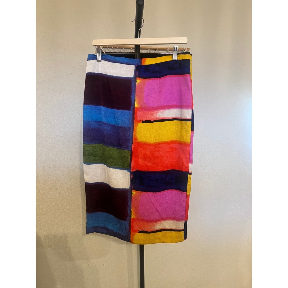 Tracy Reese Multi Color Striped Silk Blend Pencil Skirt Size 12 Midi Abstract - Picture 2 of 8